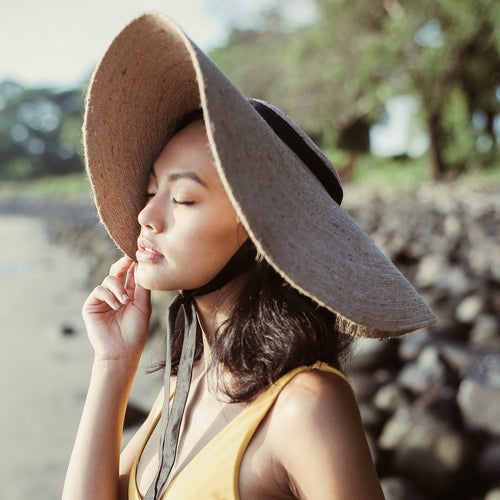 LOLA Wide Brim Jute Straw Hat with Black Strap